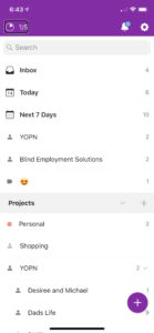 This is a screenshot showing The Todoist app, with emphasis on the productivity button showing I've completed one out of five tasks.